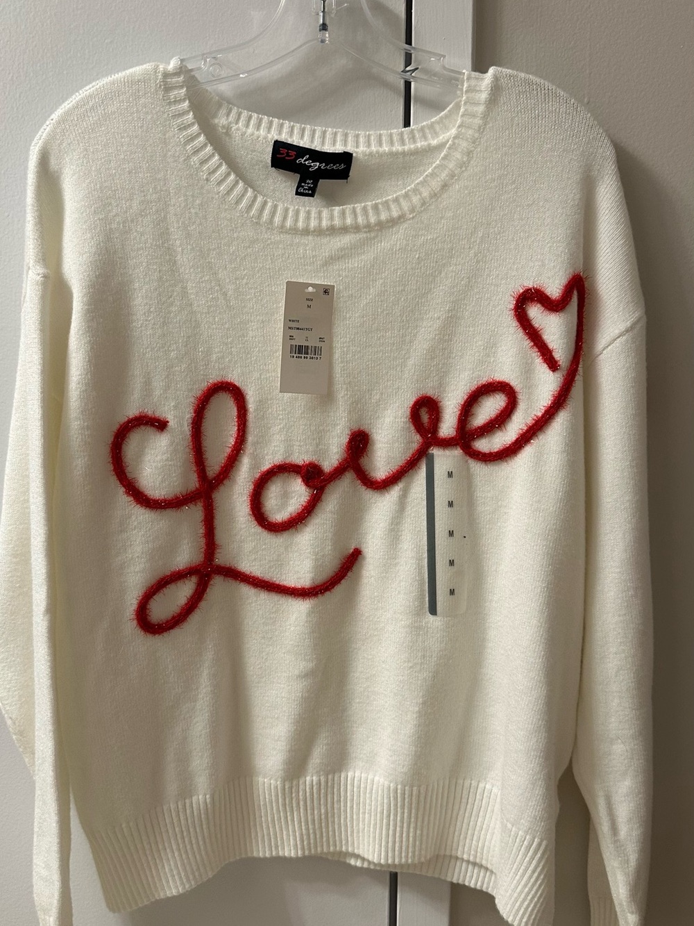 33 Degrees White Crewneck Sweater with Red 'Love' Script